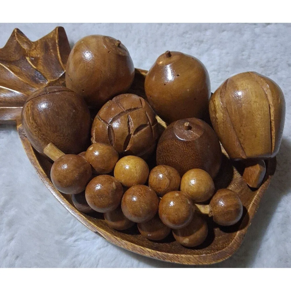Vintage 60's Monkey Pod Wooden Fruit & Bowl Phillipines handcrafted 8 piece set